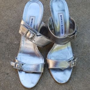 Manolo Blahnik strappy Silver Slip Ons size 37